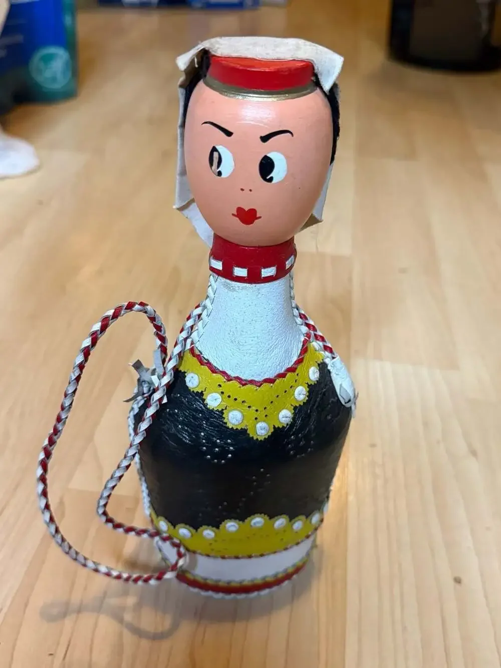 Vintage Yugoslavian Folk Art Leather Wrap Liquor Bottle Female Decanter Flask